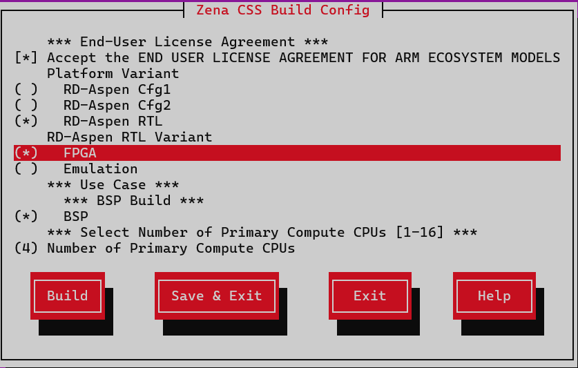 Arm Auto Solutions Build Configuration Menu - RTL FPGA Build
