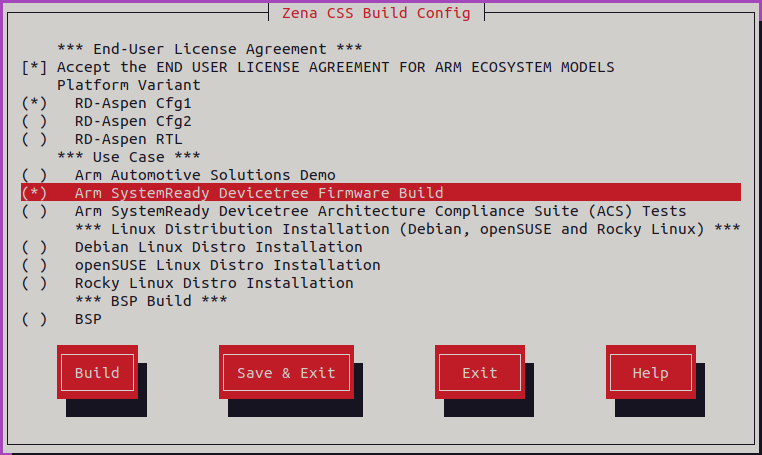 Arm Zena CSS Build Configuration Menu - Arm SystemReady Devicetree Firmware Build