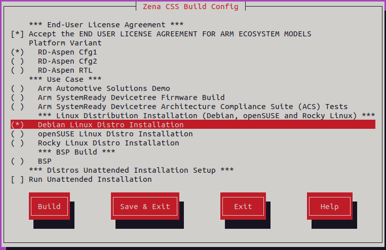 Arm Zena CSS Build Configuration Menu - Debian Linux Distro Installation