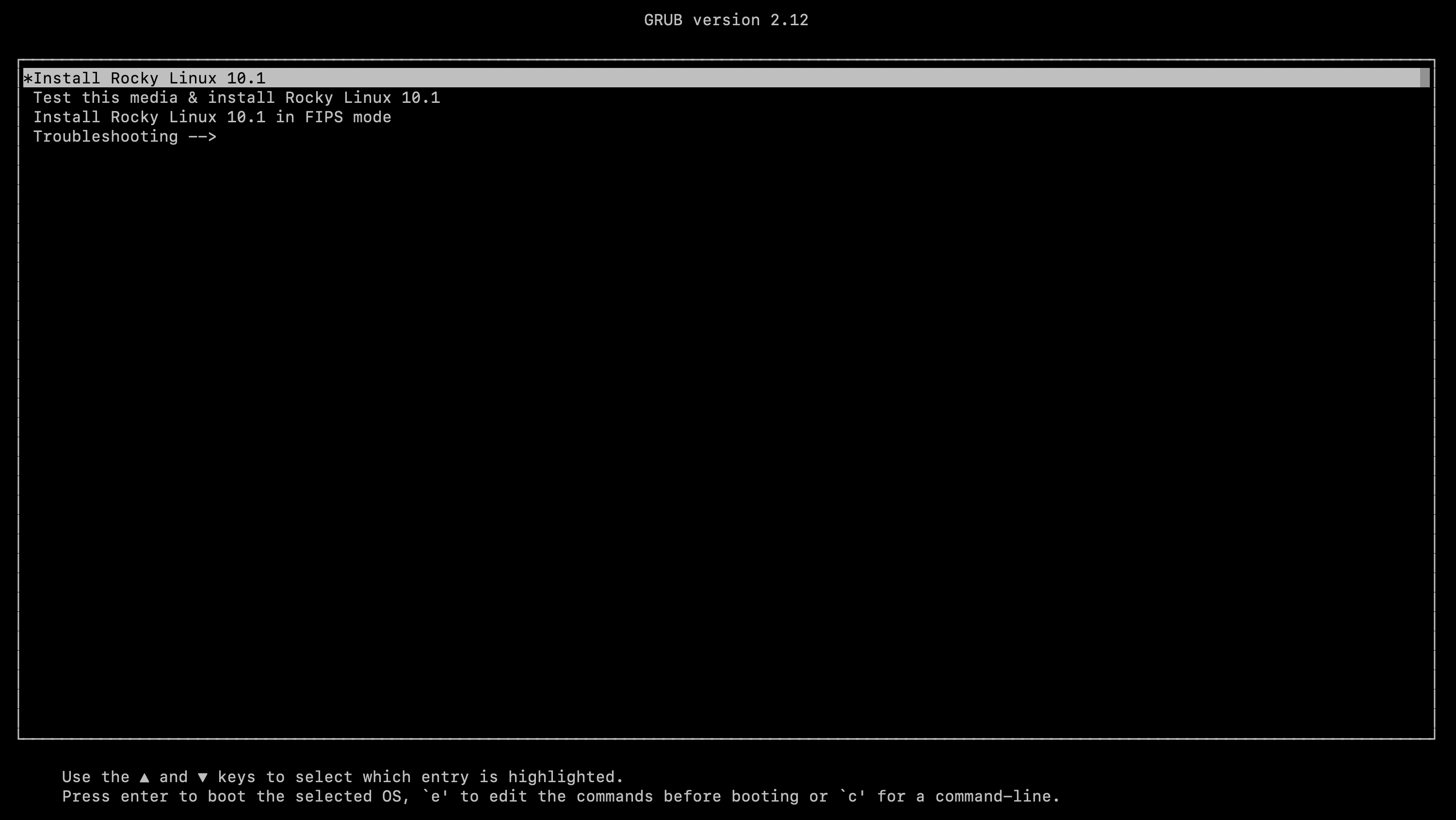 Grub Install Options Menu - Rocky Linux Distro Installation