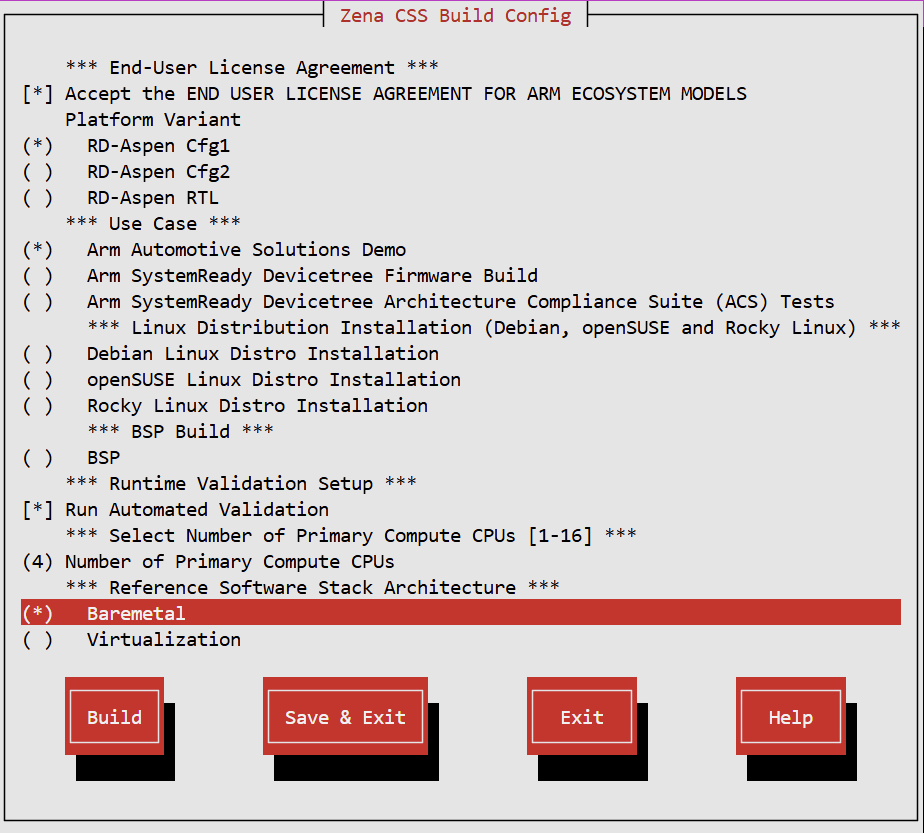 Arm Zena CSS Build Configuration Menu