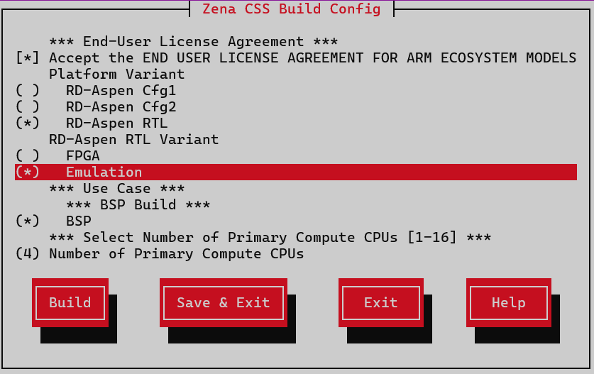 Arm Auto Solutions Build Configuration Menu - RTL Emulation Build