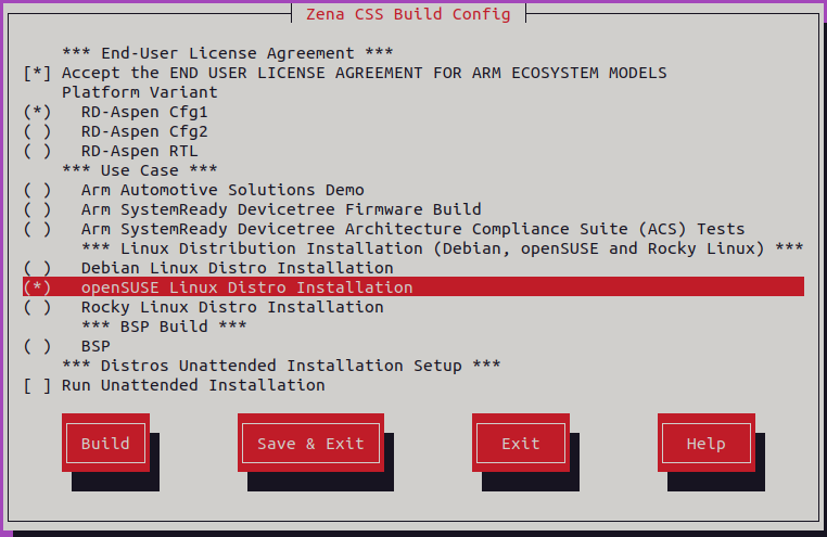 Arm Zena CSS Build Configuration Menu - openSUSE Linux Distro Installation