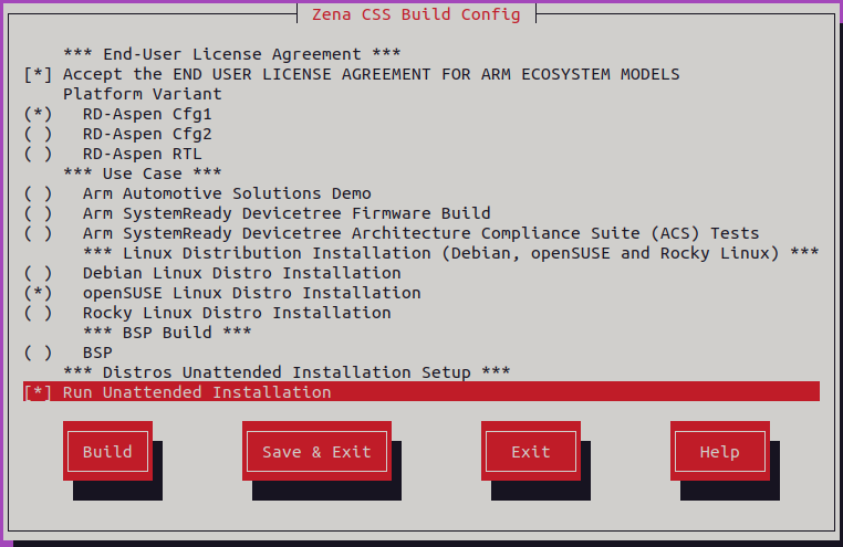 Arm Zena CSS Build Configuration Menu - openSUSE Linux Distro Installation