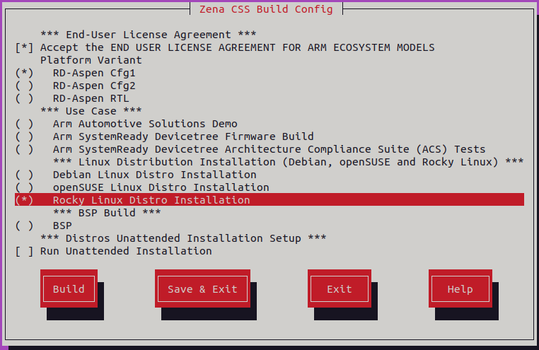 Arm Zena CSS Build Configuration Menu - Rocky Linux Distro Installation